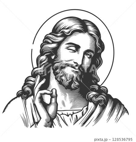Smiling Winking Jesus Christ raster illustration 128536795