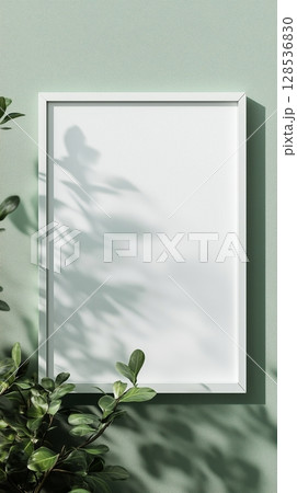 White blank frame mockup and green wall and wooden floor living room story portrait background 128536830