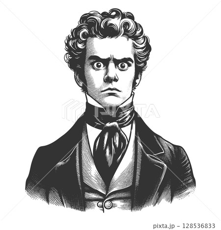 Wide-Eyed Victorian Man engraving sketch raster 128536833