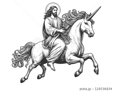 Jesus Riding Unicorn engraving sketch vector 128536834