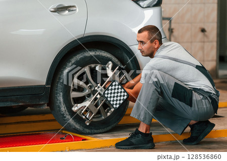 Wheel changing. Man is works in the automobile repairing salon 128536860