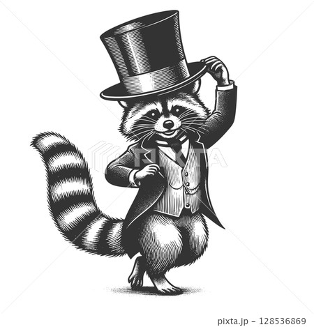 Dancing Raccoon in Top Hat raster illustration 128536869