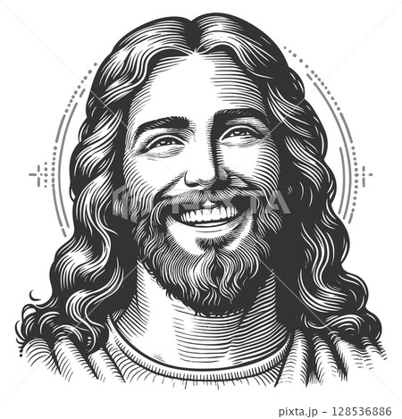 Smiling Jesus Christ engraving sketch vector Smiling Jesus Christ engraving sketch vector 128536886