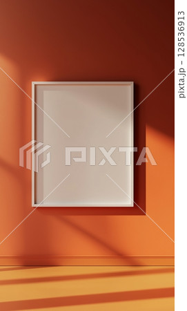 White blank frame mockup and orange wall and wooden floor living room story portrait background 128536913