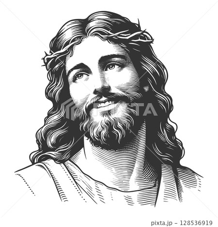 Smiling Jesus Christ engraving sketch vector Smiling Jesus Christ engraving sketch vector 128536919