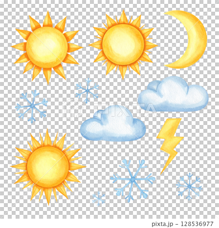 Bright sun with clouds in clear sky isolated on white background Bright sun with clouds in clear sky isolated on white background 128536977