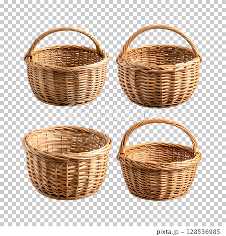 Empty wicker picnic basket with handle, isolated on a white background 128536985