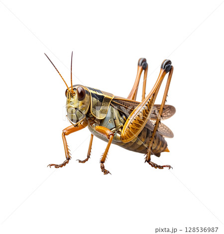 Close-up of a green grasshopper or brown grasshopper isolated on white background. Close-up of a green grasshopper or brown grasshopper isolated on white background. 128536987