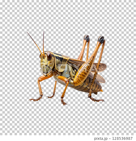 Close-up of a green grasshopper or brown grasshopper isolated on white background. Close-up of a green grasshopper or brown grasshopper isolated on white background. 128536987