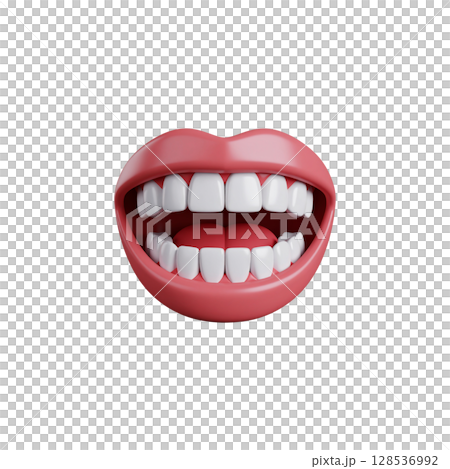 Image of smiling woman mouth showing strong teeth and pink lips isolated on white background. 128536992