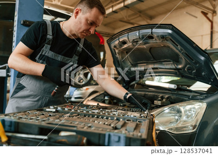 Under the hood. Man is works in the automobile repairing salon Under the hood. Man is works in the automobile repairing salon 128537041