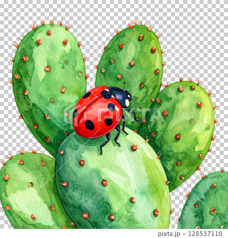 Bright red ladybug perched on green leaf isolated on white background. 128537110
