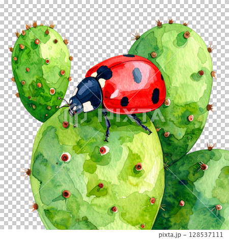 Bright red ladybug perched on green leaf isolated on white background. 128537111