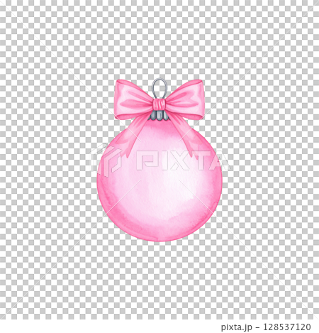 Pink Christmas Ornament with Bow and Festive Ribbon, Perfect for Decorating the Tree During the Holiday Season, Isolated on White Background. 128537120