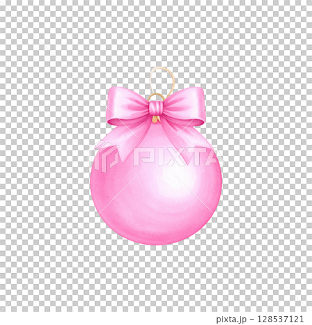 Pink Christmas Ornament with Bow and Festive Ribbon, Perfect for Decorating the Tree During the Holiday Season, Isolated on White Background. 128537121