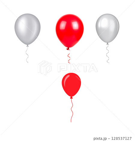 Red, white and yellow balloons float separately on a white background. 128537127