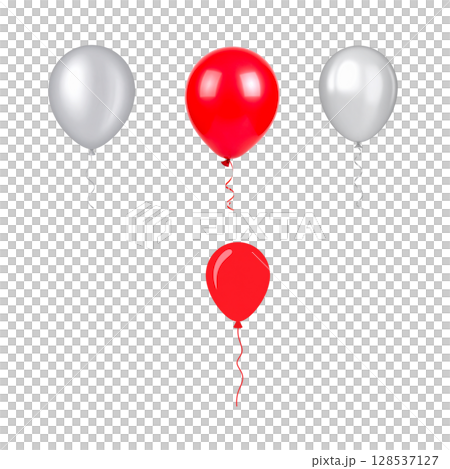Red, white and yellow balloons float separately on a white background. 128537127