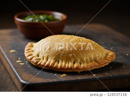 A delicious Argentinian empanada on a rustic wooden board with a blurred dipping sauce 128537138