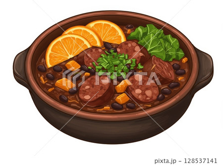 Cartoon illustration of hearty Brazilian Feijoada bowl with ingredients 128537141