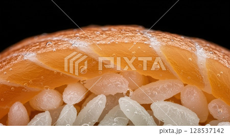 Extreme macro view of fresh raw salmon and rice grains with water bubbles on dark background 128537142
