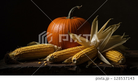 Large vibrant orange pumpkin and yellow corn cobs create a rustic autumn harvest display 128537143