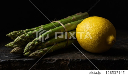 Fresh green asparagus spears and a bright yellow lemon on a dark rustic surface 128537145