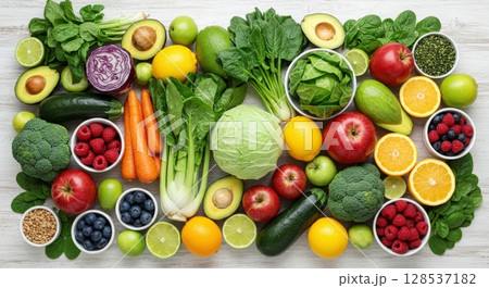 Colorful fresh organic fruits and vegetables on white background top view composition 128537182