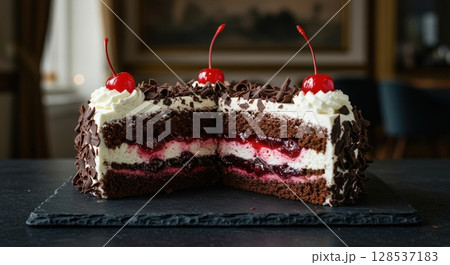 Black forest cake with rich chocolate and cherry layers fresh cream perfect dessert 128537183