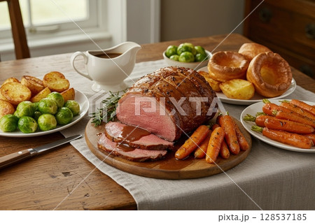 Hearty roasted beef dinner with golden Yorkshire puddings, potatoes, and fresh vegetables 128537185