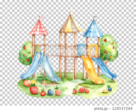 Cute little toy house with red roof isolated on white background 128537284