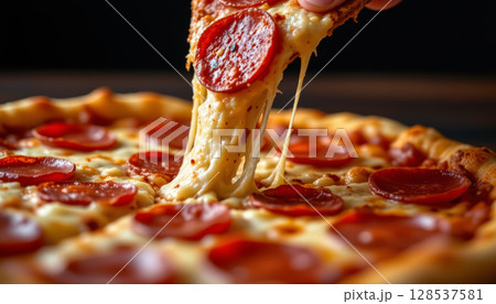 Delicious pepperoni pizza slice being pulled away, showcasing melted cheese and savory toppings, perfect for sharing 128537581