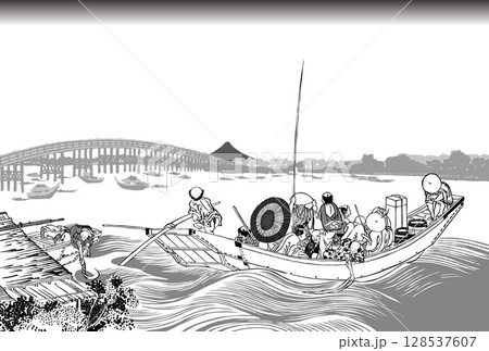 御厩川岸ゟ両國橋夕陽見 線画 御厩川岸ゟ両國橋夕陽見 線画 128537607