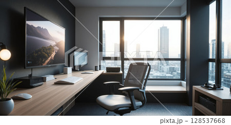 Tech-Infused Home Office with TV A high-tech home office with a wall-mounted TV above a modern ergonomic desk, smart lighting 128537668