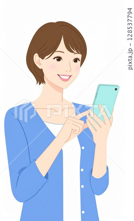 スマートフォンを手にして笑顔の女性 128537794