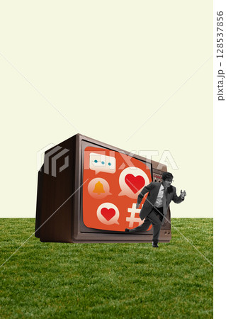 Conceptual collage of man escaping TV with social icons over red background Conceptual collage of man escaping TV with social icons over red background 128537856