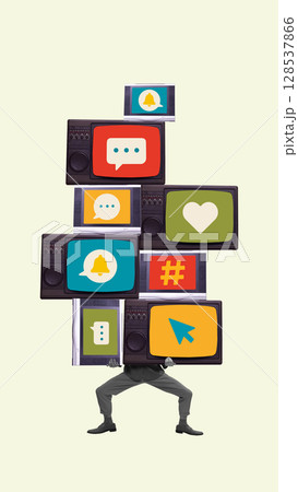 Overwhelmed figure collapsing under chaotic stack of media screens Overwhelmed figure collapsing under chaotic stack of media screens 128537866