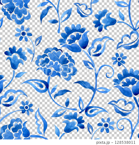 seamless pattern with watercolor floral ornaments. oriental blue print 128538011