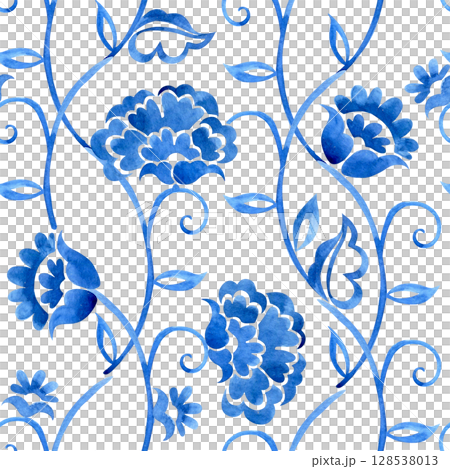 seamless pattern with watercolor floral ornaments. oriental blue print 128538013