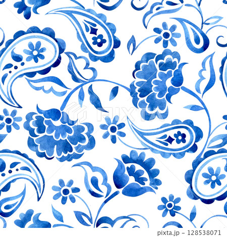 seamless pattern with watercolor floral ornaments. oriental blue print. paisley 128538071