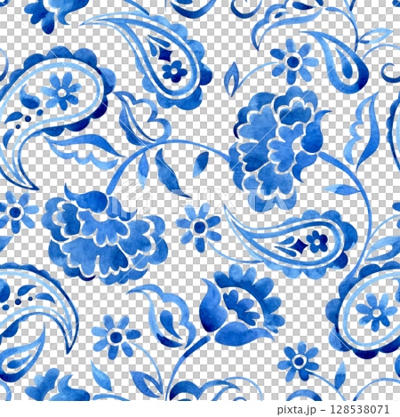 seamless pattern with watercolor floral ornaments. oriental blue print. paisley 128538071