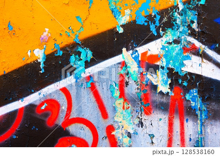 Vibrant Urban Graffiti Texture with Peeling Paint in Bold 80s Aesthetic 128538160