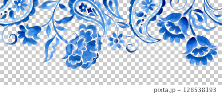 seamless border with watercolor floral ornaments. oriental blue frame. paisley 128538193