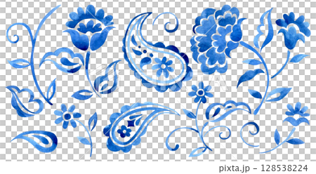 set with watercolor floral ornaments and paisley. oriental blue patterns set with watercolor floral ornaments and paisley. oriental blue patterns 128538224
