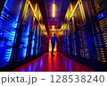Administrator working on a colorfoul network Server, data center.Generative AI 128538240