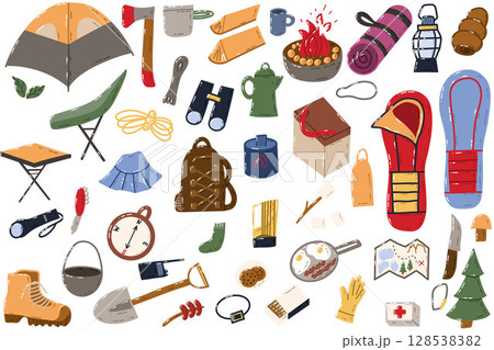 Camping Essentials Illustrated Set Featuring Gear and Outdoor Equipment Camping Essentials Illustrated Set Featuring Gear and Outdoor Equipment 128538382