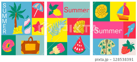 Colorful Beach and Summer Illustrations Highlighting Vacation and Tropical Elements Colorful Beach and Summer Illustrations Highlighting Vacation and Tropical Elements 128538391