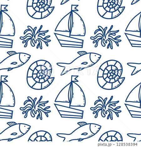Seamless Nautical Pattern Featuring Boats, Fish, Shells, and Seaweed 128538394