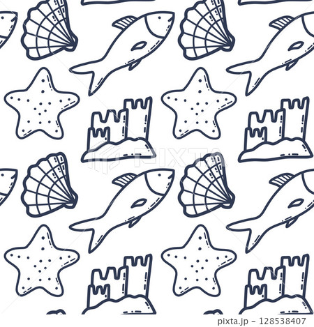 Seamless Beach-Theme Pattern With Seashells, Fishes, Stars, and Sandcastles Seamless Beach-Theme Pattern With Seashells, Fishes, Stars, and Sandcastles 128538407