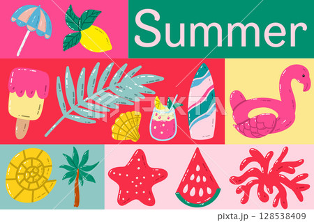Colorful Summer Graphic with Fun Icons and Vacation Themes 128538409