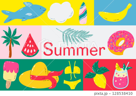 Bright Summer Banner Featuring Beach and Seasonal Fun Illustrations. 128538410